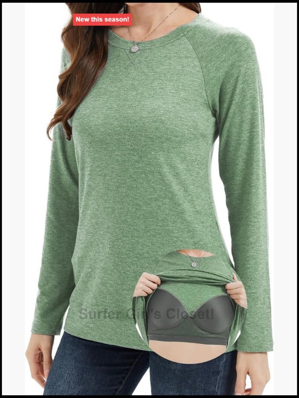Women's Long Sleeve Shirt with Built-in Bra, Loose Fit Crew Neck Tee, Casual